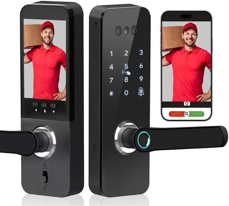 3D Face Recognition Smart Door Lock with HD Camera: Keyless Entry, Fingerprint, Passcode, IC Card, Key, Tuya App, Doorbell, Auto-Lock Deadbolt for Front Door, DIY Installation