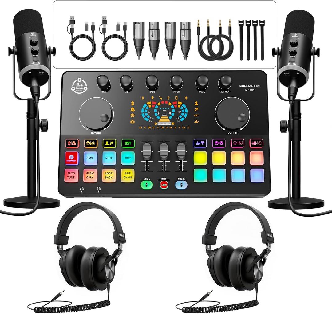Podcast Equipment Bundle for 2, Audio Interface with 2 Dynamic XLR/USB Microphones, 2 Desktop Mic Stands and 2 Headphones, RGB, Voice Change for Vocal Recording,Podcasting,Streaming, PC Phone,TikTok