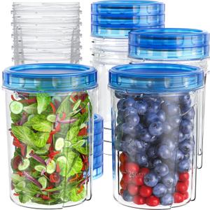 [32 oz 10 Pack] Food Storage Freezer Containers Clear Bottom with Blue Twist Top Lids Reusable, Plastic Airtight Meal Prep Containers BPA Free | Stackable | Leakproof | Microwave/Dishwasher Safe