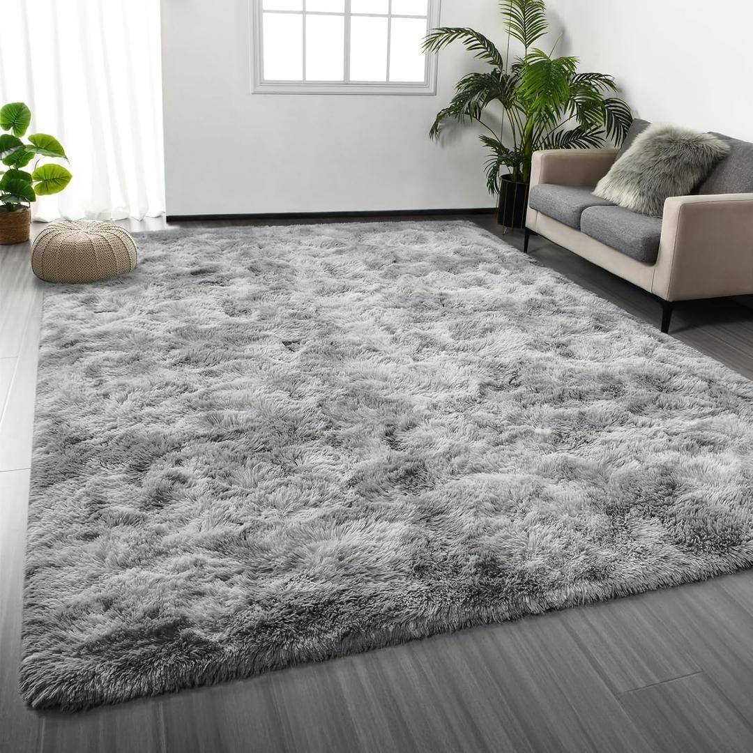 Large Shag Area Rugs 5 x 8, Tie-Dyed Plush Fuzzy Rugs for Living Room, Ultra Soft Fluffy Furry Rug for Bedroom, Indoor Carpet Nursery Rugs for Kids Room Home Decor, Light Grey