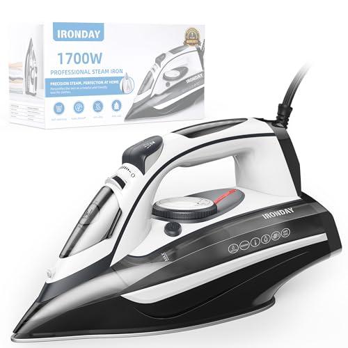 IRONDAY 1700W Steam Iron for Clothes 20s Fast Heat-up, Non-Stick Ceramic Soleplate, 14.07oz Large Water Tank, Auto-Off, Burst Steam, Self-Cleaning, roning Clothes for Home