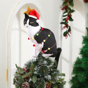 Cat Christmas Tree Topper with Hat, Glitter Star Wings, Angel Tree Topper with Wings Decor Ornament Plush Cat Lover Gift Ideas for Holidays