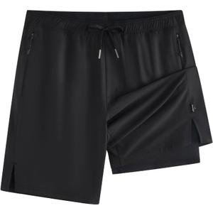 maamgic Mens Swim Trunks 9" with Zipper Pockets, Quick Dry Board Shorts, 4-Way Stretch Compression Lined Bathing Suits (Black, XXL)