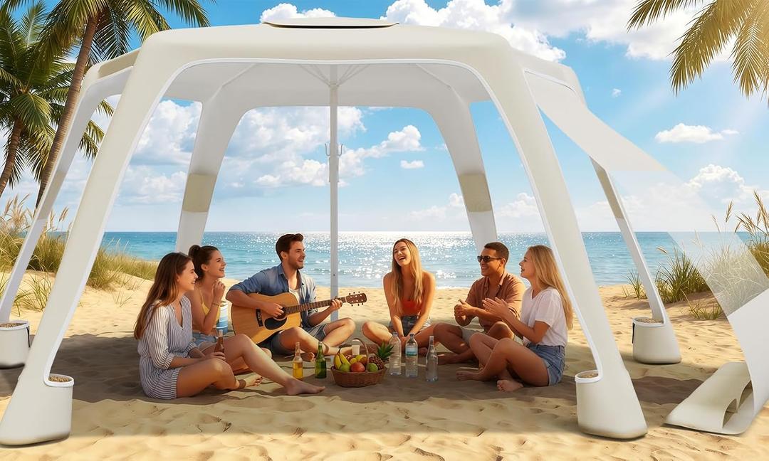 Beach Cabana with 6-Corner, 8'×8' UPF50+ Beach Canopy, Adjustable Height Beach Tent Sun Shelter, Cool Cabana Beach Tent with Removable Side Wall, Beach Shade for Garden, Camping (Beige)