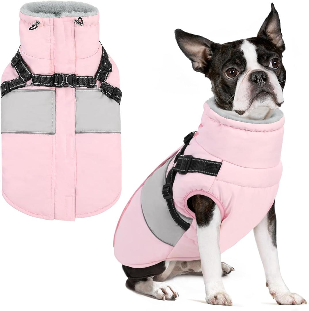 Small Dog Coat with Harness Built in, Warm Dog Jacket Winter with Zipper On Back, Waterproof Pet Snow Jacket Snowsuit Pet Sweater Clothes for Schnauzer, Yorkshire Terrier, Pink Small