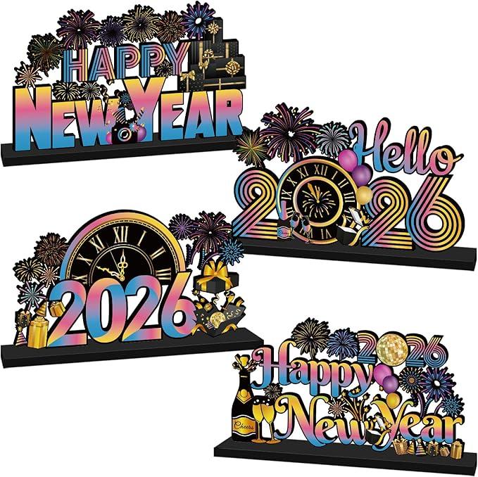 4Pcs Happy New Years Decorations 2026 Wooden Table Centerpiece Hello 2026 New Years Table Decorations Fireworks Themed New Year Table Topper for 2026 New Year's Eve Party Supplies