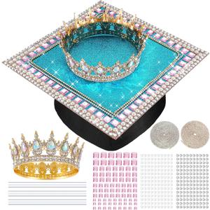 Noveread 13 Pcs DIY Graduation Cap Decorations Kit Graduation Crown for Women Include 1 Crown 2 Rhinestone Necklace 3 Hot Glue Stick 300 Pearl 504 Rhinestone Sticker 4 Crystal Diamond Sticker(Gold)