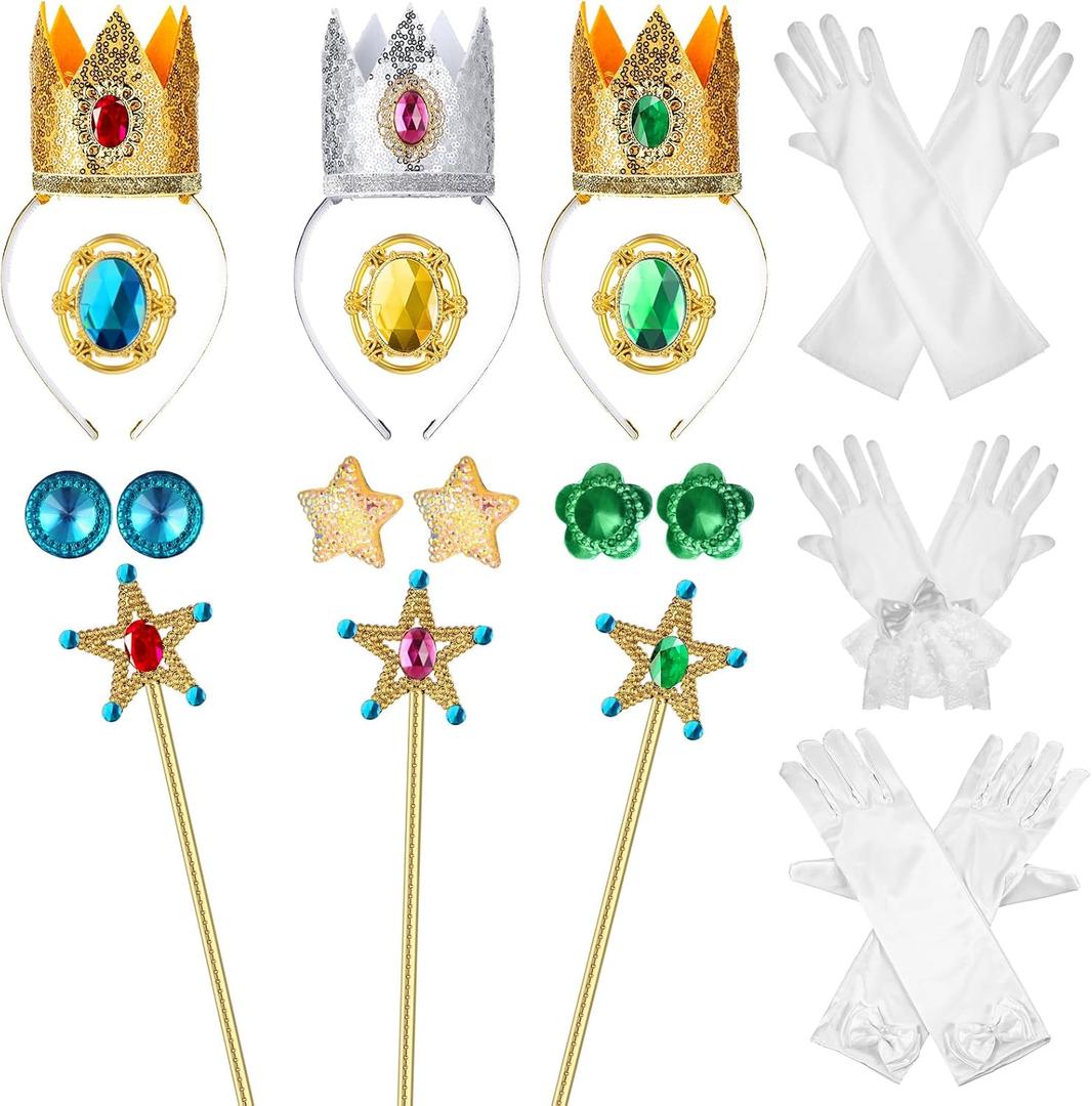 15 Pcs Princess Crown Accessories Princess Headband, Wand, Gloves, Brooch, Earrings for Girls Women Halloween Cosplay Party Dress up Costume
