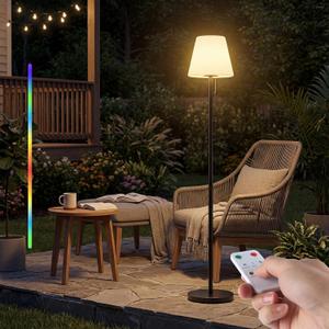 Outdoor Floor Lamp Solar/USB Charging Waterproof Cordless Rechargeable Patio Lamp with Light Sensor, Dimmable Warm White+RGB LED Ambient Light for Yard Garden