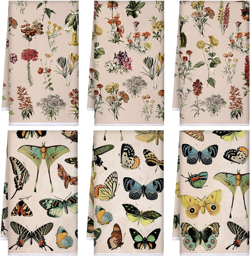 Boyiee Set of 6 Wildflower Kitchen Towels Vintage Cottage Core Tea Towels Absorbent Butterfly Plant Floral Hand Dish Clothes Gifts for Holiday Farmhouse Kitchen Bathroom Decorations, 24 x 16 Inches