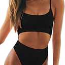 Meyeeka Womens Scoop Neck Cut Out Front Lace Up Back High Cut Monokini One Piece Swimsuit Medium