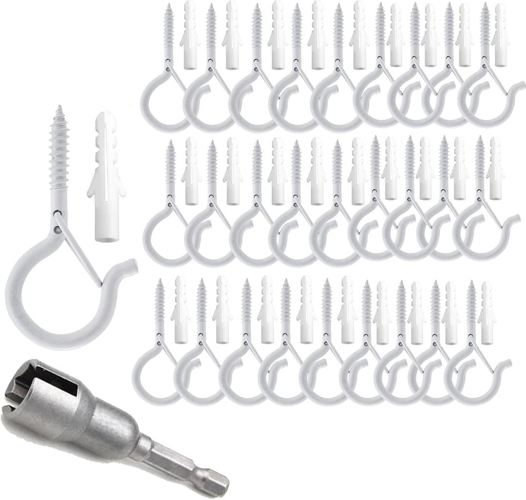 TAIHUIMY Screw Hooks for Outdoor String Lights, Eye Hooks Q-Hanger Plants Christmas Rope Light Clips, Wind Chimes Decoration Hanging Safety Buckle Design, Include Wing Nut Driver (30)
