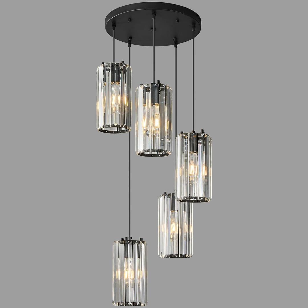 Black Pendant Lighting Modern Pendant Light, Mini Crystal Chandeliers,Adjustable Pendant Light Fixture for Kitchen Island Dinning Room Corridor Bedroom(Gold 5-Light), Round-5-Light
