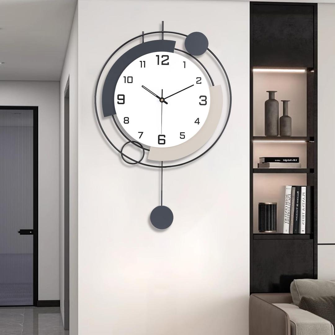 Decorative Wall Clocks with Pendulum,Silent Quality Quartz Battery Operated,Metal Large Wall Clock for Living Room,Kitchen,Home,Bathroom,Bedroom Wall Decor,16x25.6inch (Black)