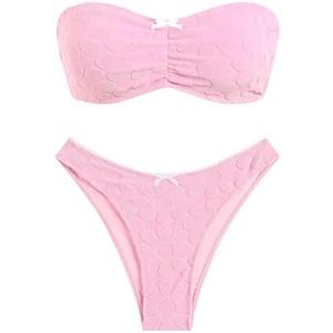 ZAFUL Women's Strapless Bikini Openwork Textured Bow Ruched Lace Up High Cut Bandeau Swimsuit Bathing Suits, Pink, M