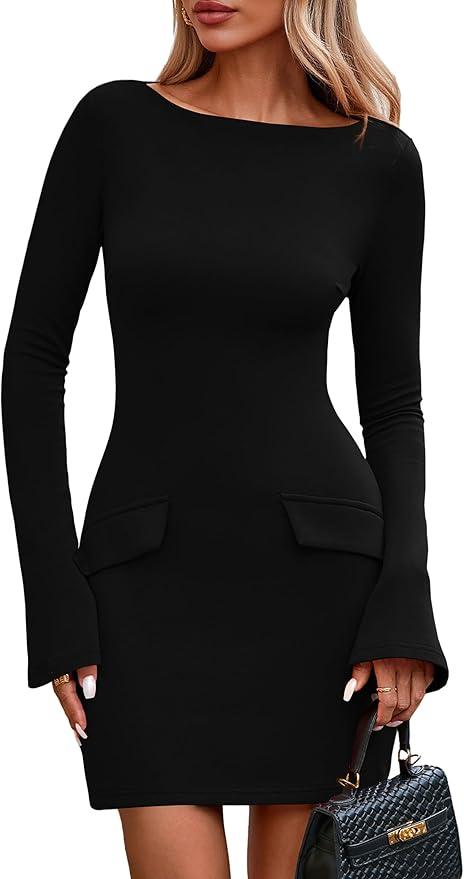 PRETTYGARDEN Womens Fall Long Sleeve Mini Dress 2025 Trendy Boat Neck Bodycon Knit Elegant Short Party Formal Dresses