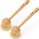 2 Pack Dish Brush with Handle, Bamboo Dish Scrub Brush, Kitchen Brushes for Dishes, Scrubber, Pots, Pans, Sink, Dishwashing Cleaning Brush