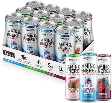 Optimum Nutrition Amino Energy Sparkling Hydration Drink, Electrolytes, Caffeine, Amino Acids, BCAAs, Sugar Free, 12 Fl Oz, Berry Variety Pack of 12 (Packaging May Vary)