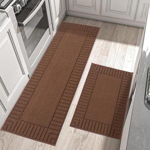 BEQHAUSE-Kitchen-Rugs-Anti-Slip-Kitchen-Mats-for-Floor Absorbent Kitchen Mat Set of 2 Washable Kitchen Runner Rug with TPR Non Skid Backing,Brown 24x35inch/24x60inch