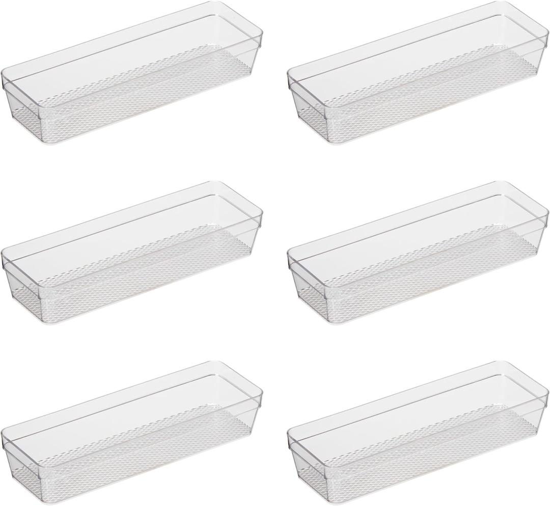 Oggi Clear Drawer Organizer - 3" X 9.5" (Set of 6) - Ideal for Organizing Kitchen Drawers, Office, Desk, Silverware, Kitchen Utensils, Cosmetics and Bathrooms