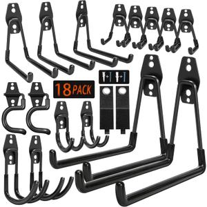 18 Pack Garage Hooks Heavy Duty - Anti-Slip Coating Garage Storage Hooks for Hanging BikeLadderGarden ToolsHose (Black)