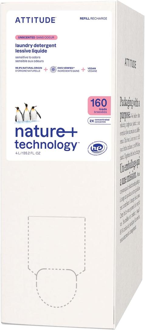 ATTITUDE Liquid Laundry Detergent Refill, EWG Verified, HE Compatible, Plant-Based & Vegan, Natural Laundry Soap, Unscented, 160 Loads, 135.26 Fl Oz
