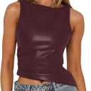 Vivitulip Women's Faux Leather Ruched Tank Top High Neck Sleeveless Cami Shirt (Medium, Wine Red)