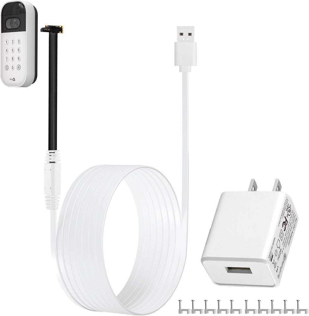 10ft/3m Power Cable and Adapter for myQ Smart Garage Door Video Keypad, Weatherproof Outdoor Flat Charging Cable Continuously Charging Your Video Keypad, Includes White Mounting Nails