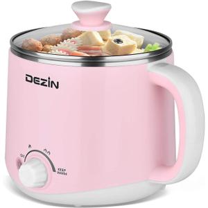 Dezin Hot Pot Electric, Rapid Noodles Cooker, Stainless Steel Electric Pot 1.6 Liter, Perfect for Ramen, Egg, Pasta, Dumpling, Soup, Porridge, Oatmeal with Temperature Control and Keep Warm Function (Pink)
