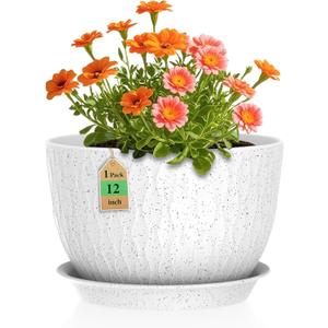 12 Inch Wide Water Ripples Flower Pots for Indoor or Outdoor Plants, Large Plant Pots with Drainage Holes & Saucer, Plastic Planters Set for Garden & Home Decor (White with Black Speckles)