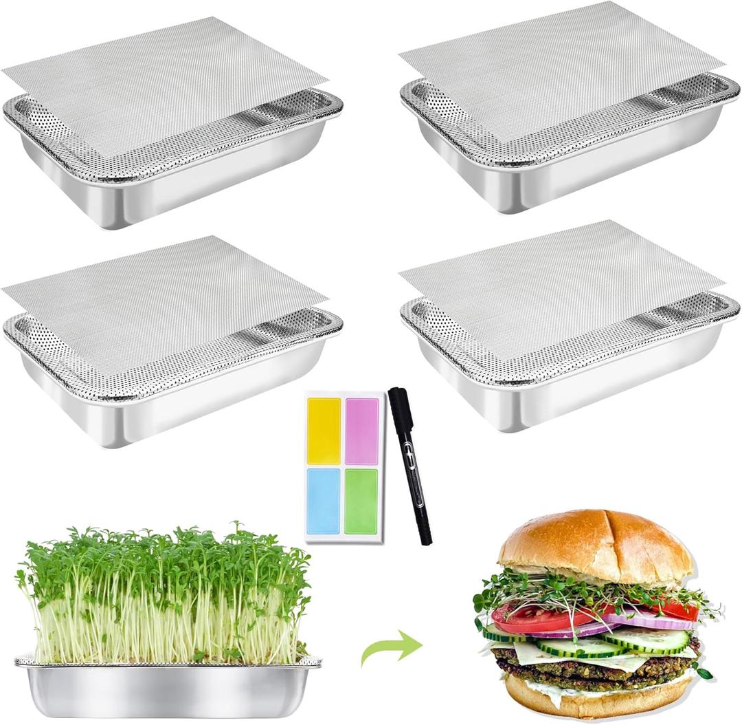 Stainless Steel Sprouts Growing Kit Trays 4-Tier 14 inch, Microgreens Growing Kit, Seed Sprouting Tray with Encrypted Mesh Sprouts for Beans Alfalfa Broccoli Seeds Wheat Grass (Silver)