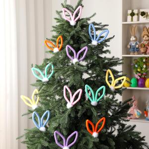 Suncalla 12 Pcs Easter Tree Decoration Large Bunny Ear Picks with White Pom Poms 9.8 Inch Colorful Easter Tree Topper Ornaments Signs Cute Rabbit Ears Picks Ornaments for Spring Party Vase Decor