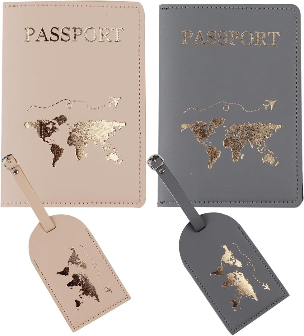 Mr and mrs passport covers and luggage tags gift,Slim Waterproof Passport Case,couple passport holderort Wallets Travel Holder Set,Honeymoon Gift,Couple Travel Luggage Tags,Wedding Bridal (Gray and Khaki-map)