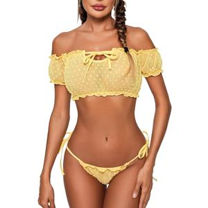 Avidlove Bra and Panty Set Ruffle Lingerie Set Mesh Babydoll Chemise (X-Small, Yellow)