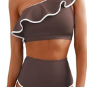 Herseas Women's One Shoulder Bikini Sets Color Block Trim Ruffle Hem Swimsuits Elegant Bathing Suits, Small