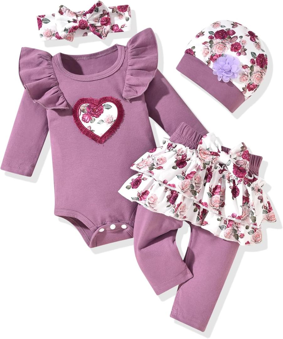 fioukiay Newborn Baby Girl Clothes Infant Girls Floral Love Printed Romper and Ruffle Pants Sets 4pcs Winter Fall Outfits, size 3-6M