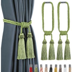 Fenghuangwu Magnetic Curtain Tiebacks Tassel Curtain Tieback Modern Handmade Tie Backs,Decorative Tassel Holdback for Draperies,Window Decor (Green, 2 Pack)