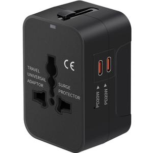 Universal Travel Adapter Fast Charger, All in One Plug Adapter With 2 USB-C PD20W GaN Worldwide Power Adapter International Wall Charger Foldable Plug Converter Travel Essential for Europe UK AUS Asia