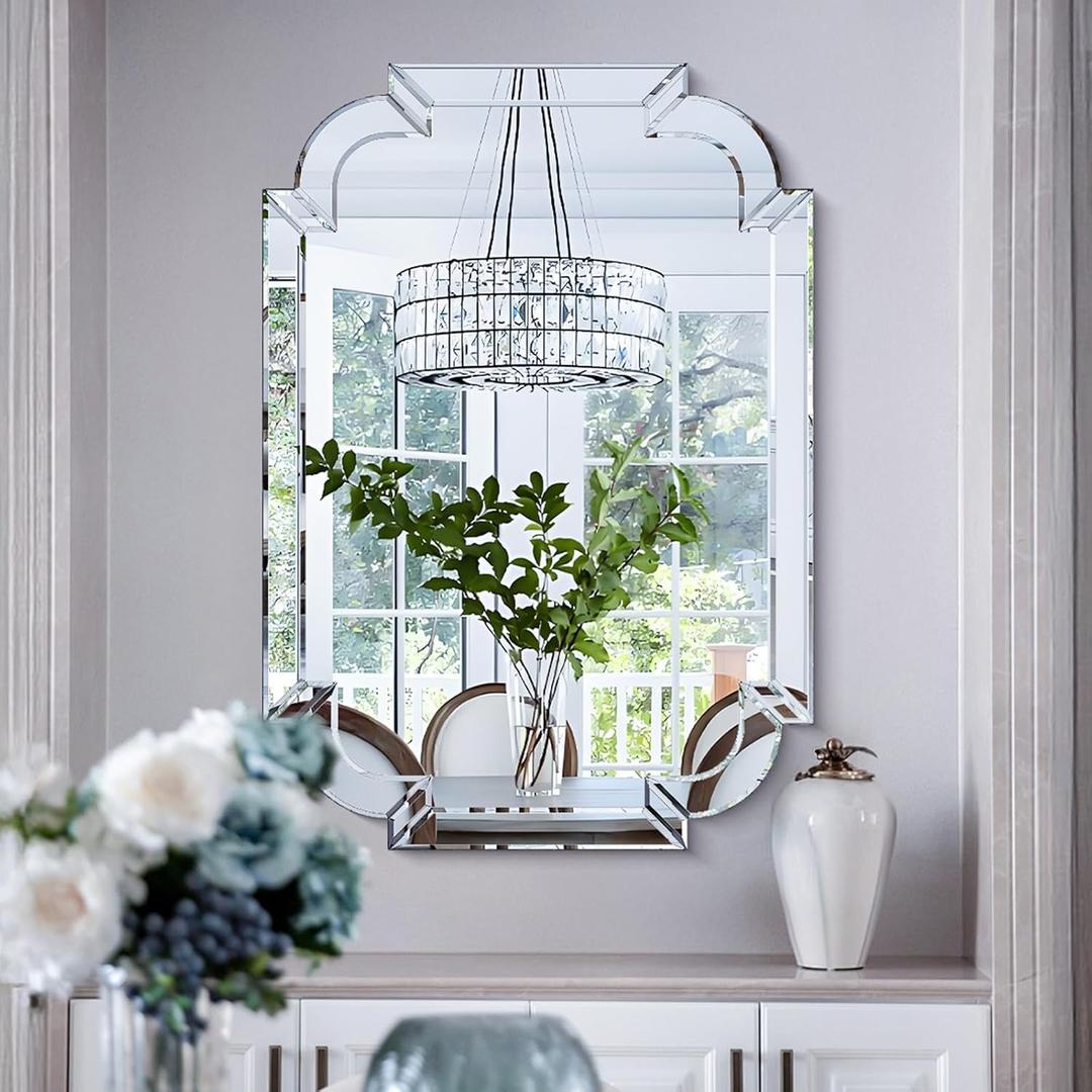 Chende 36''x24'' Bathroom Mirror with Beveled Glass, Elegant Decorative Mirror for Wall Decor, Modern Accent Mirror with Scalloped Frame for Living Room, Dining Room, Entryway, Fireplace, Bedroom