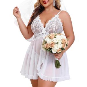 Girece Plus Size Lingerie for Women Babydoll Lingerie Dress V Neck Front Closure Sexy Sleepwear Lace Nightdress, Size 14W
