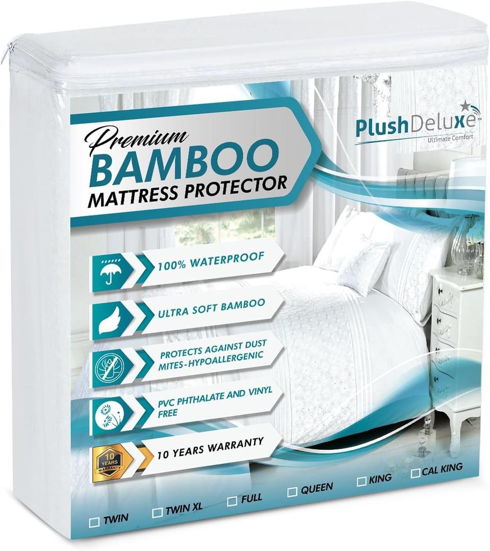 PlushDeluxe Premium Bamboo Mattress Protector  Queen Size, Waterproof, &amp; Ultra Soft Breathable Noiseless Washable Bed Mattress Cover for Comfort &amp; Protection - White