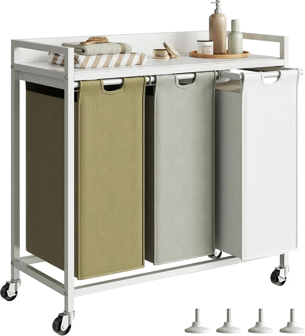 Herture Laundry Hampers with Shelf, Laundry Basket 3 Section, Laundry Sorter with Pull-Out Removable Large 3 Color Bags and Movable Wheels, Metal Frame, 3 x 15.87 Gallons (60L), White PF04XLE, 3 Bags-180 L