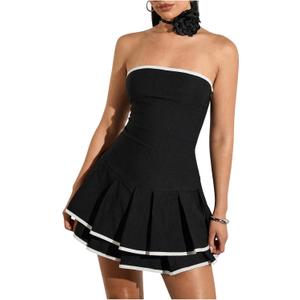 Floerns Women's Contrast Binding Tube Tops Dress Pleated Tiered Party A Line Dresses Black Small