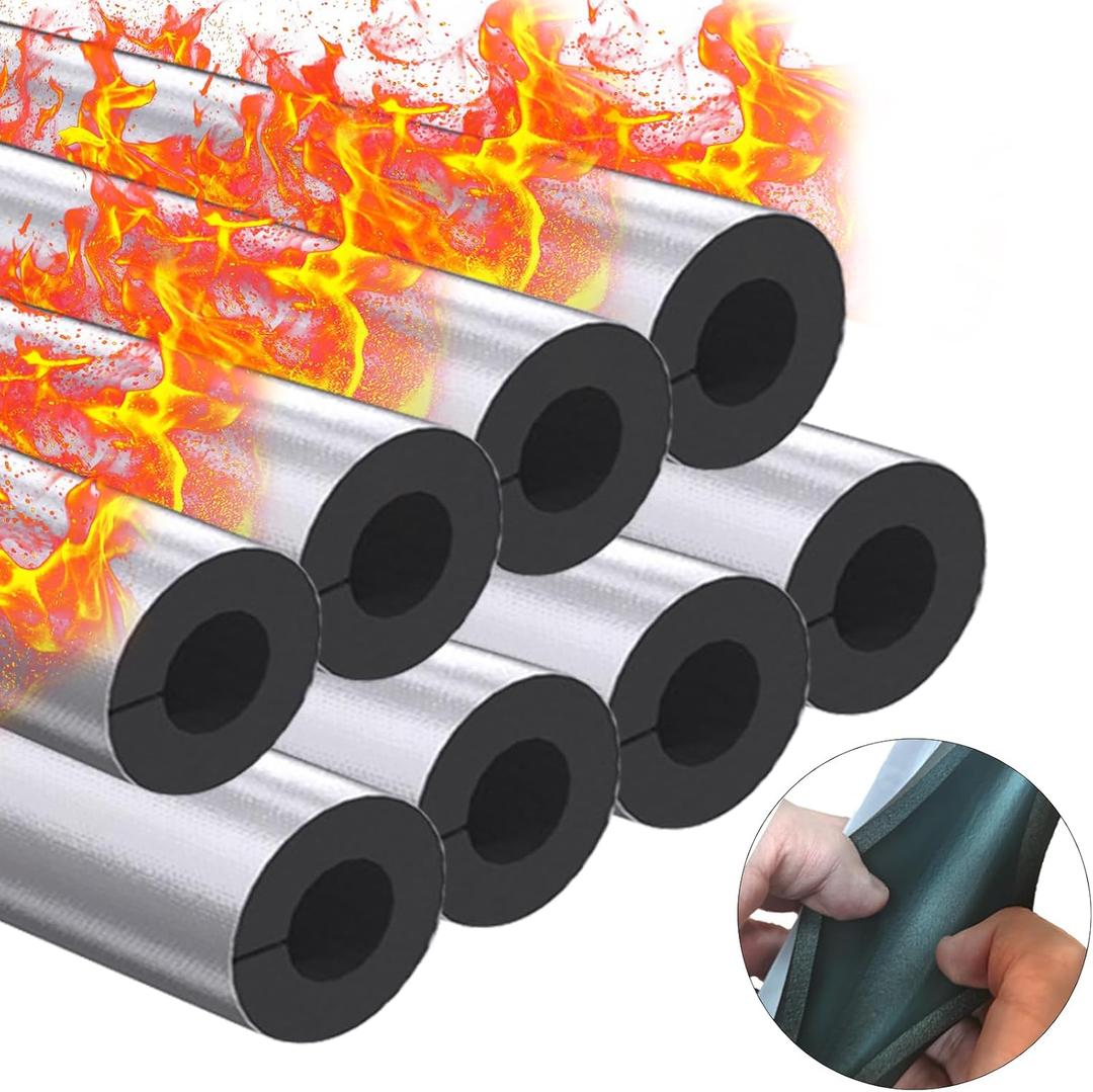 8 Pack Pipe Insulation Foam Tube, 3/4'' Self Adhesive Pre Slit Foam Pipe Covers Polyethylene with Aluminum Foil for Spigot, Winter Outside Pipes, Sprinkler, Water Heater Pipes Freeze Protection