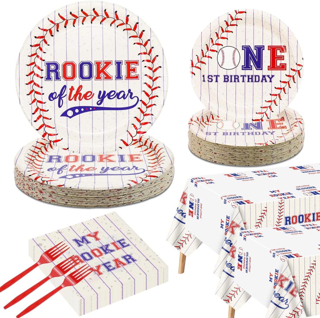 Baseball 1st Birthday Party Supplies for 40 Guests, Disposable Tableware Set includes Rookie of The Year Paper Plates, Tablecloths, Napkins and Forks for Boys Baby First Baseball Party Decorations