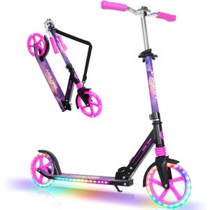BELEEV V5 Plus Scooters for Kids Ages 6+, Teens with Light-Up Wheels & Deck, 2 Wheel Folding Lightweight Sport Scooter with 4 Adjustable Height, 8-inch Big Wheels, Carry Strap, Max Load 220 Lbs (Galaxy Purple)