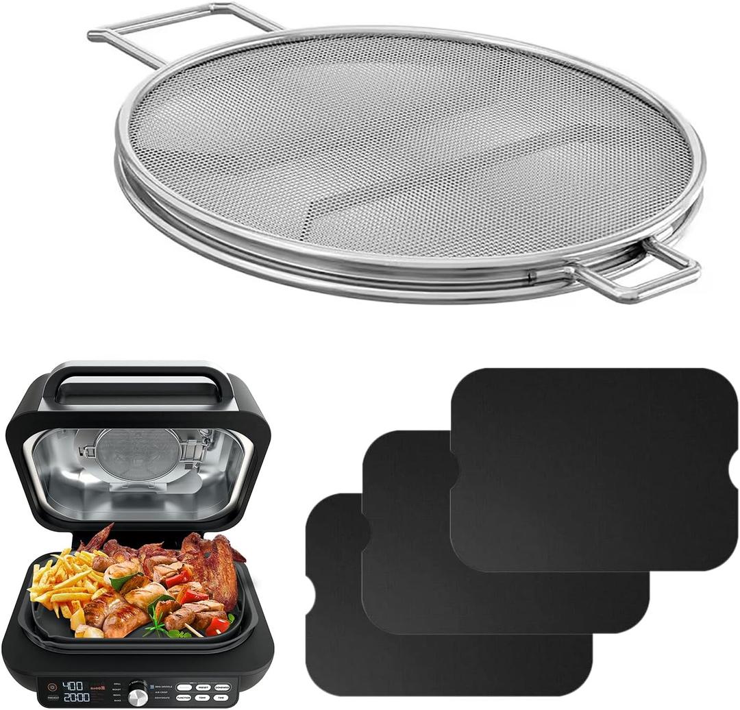 Splatter Shield and 3PCS Grill Mat Set for Ninja Foodi IG651, IG600, IG601, Replacement Stainless Steel Splatter Screen Air Fryer Accessories for Ninja Foodi Smart XL Pro 7-in-1 Indoor Grill