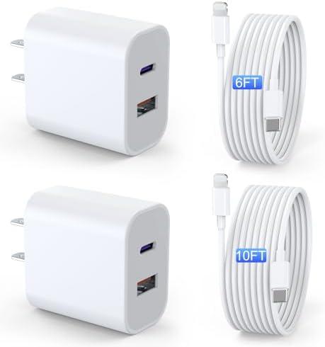 iPad Charger 2 Pack 20W Dual Port QC + PD 3.0 Power Adapter Fast Wall Charger Block with 6FT&10FT Lightning Cord Cable for iPad 9/8/ 7 Generation, iPad Air, iPad mini, iPad Pro, iPhone