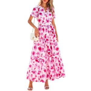 PRETTYGARDEN Women's 2026 Summer Boho Maxi Dresses Floral Short Sleeve V Neck A Line Tiered Flowy Long Beach Vacation Dress (White Pink Floral)