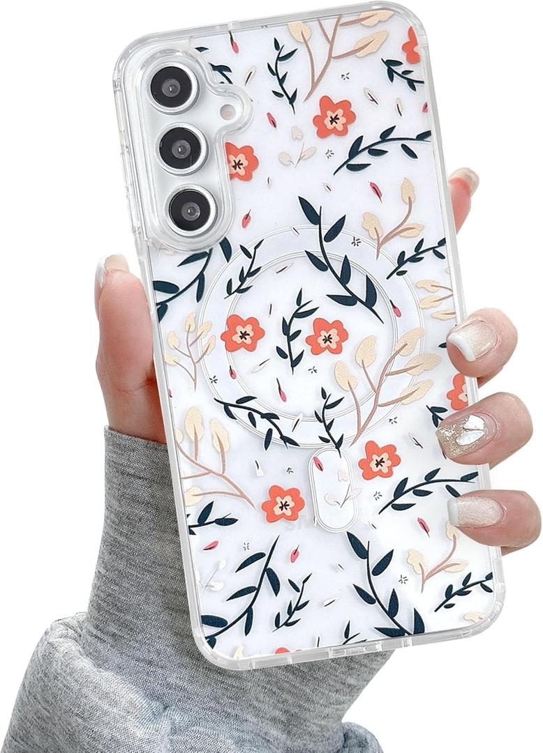 QLTYPRI for Samsung Galaxy S22 Case, Compatible with Magsafe, Aesthetic Cute Floral Flower Phone Case, Clear Anti -Yellowing Shockproof Magnetic Phone Cover for Women Girls - Branch Flower